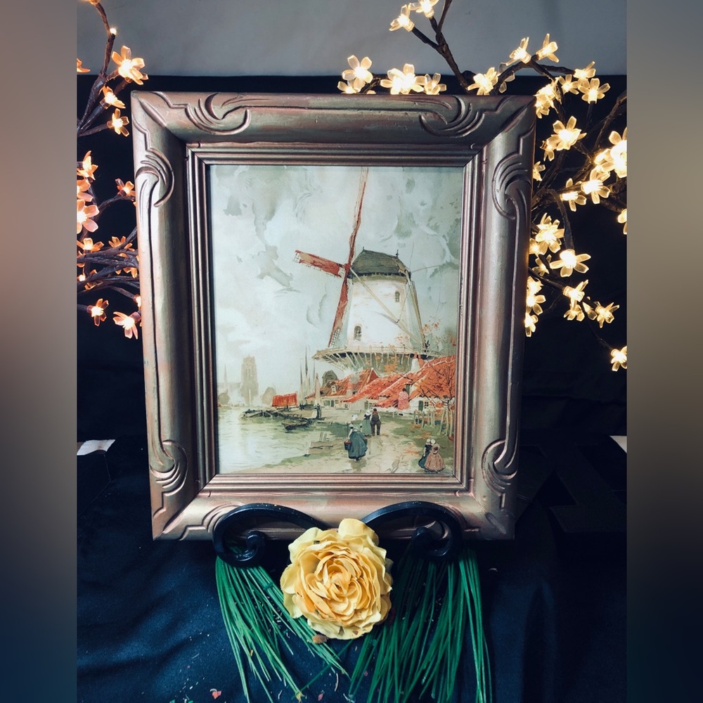 Framed Windmill Painting with Brown Vintage Frame - Picture 2 of 14